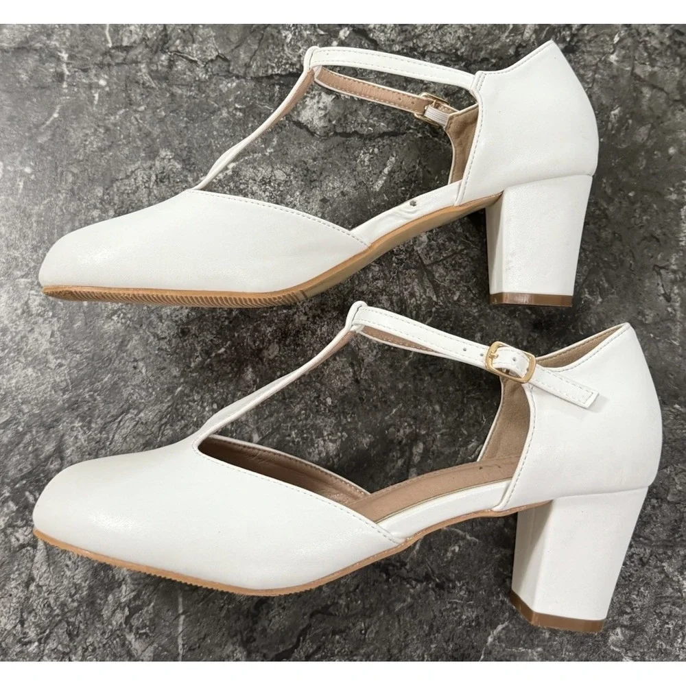 Peijely Womens T Strap Mary Jane Chunky Block Heel Dress Shoes White Sz 10 10.5